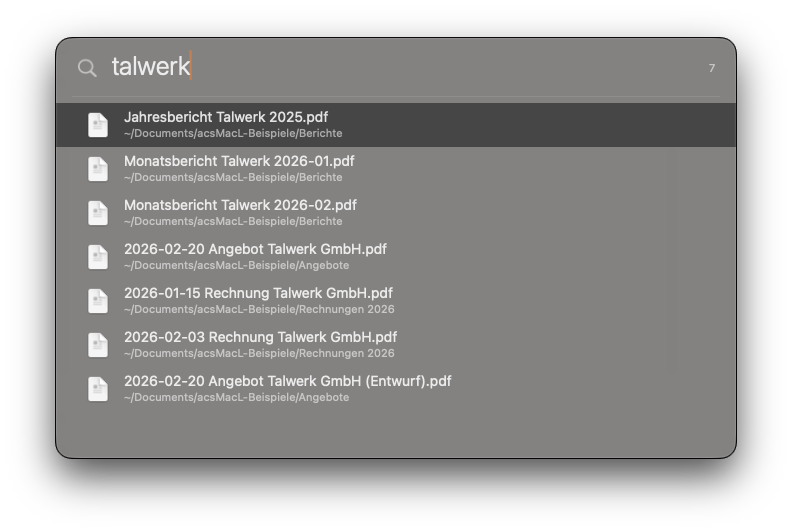 Das Fenster von acsMacL: eingetippt ist „talwerk“, darunter sieben gefundene PDF-Dateien mit ihrem Ordnerpfad.