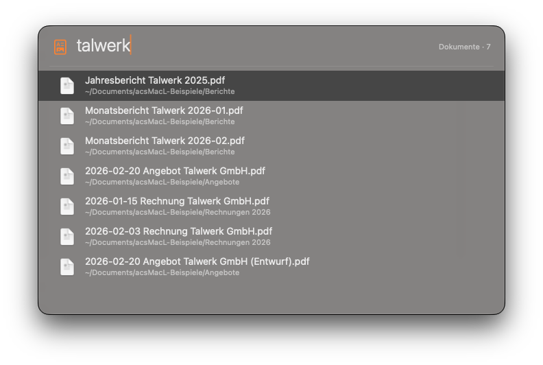 Dasselbe Fenster im Modus Dokumente: links vom Suchfeld ein orangefarbenes Dokumentsymbol, rechts oben die Angabe „Dokumente · 7“.