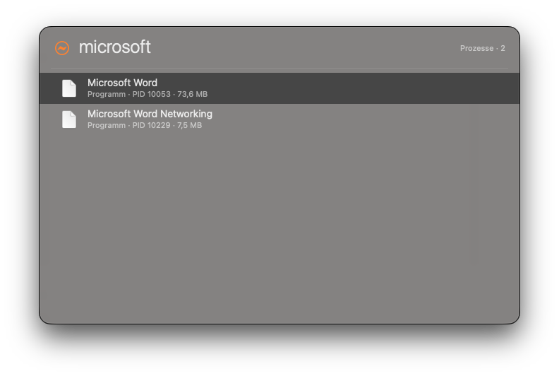 Prozessliste zum Suchwort „microsoft“: zwei Einträge mit Prozessnummer und Speicherverbrauch, 73,6 MB und 7,5 MB.